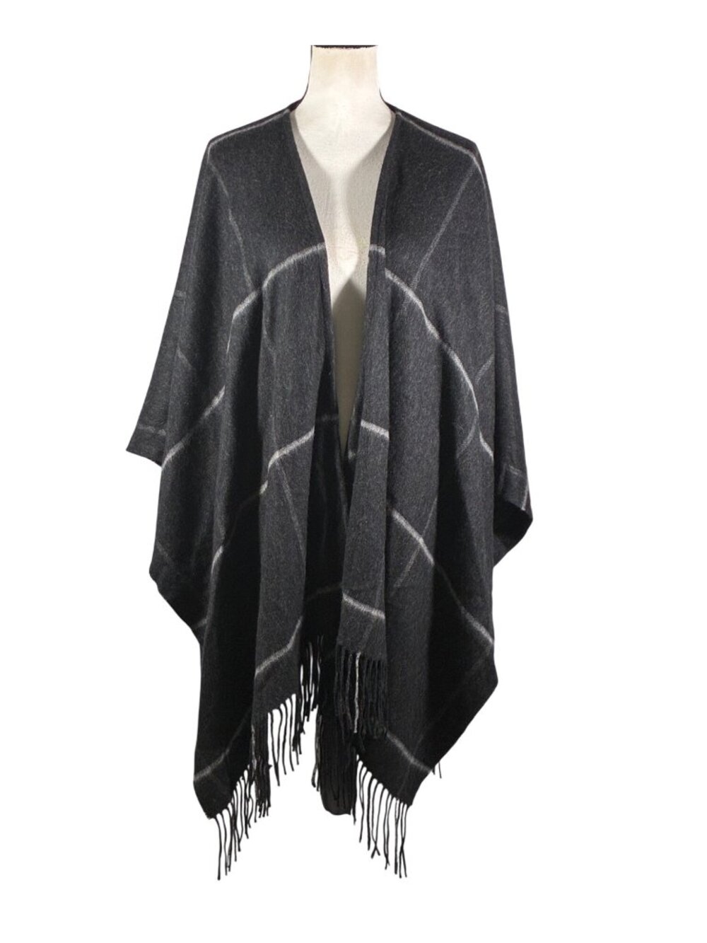 Portolano Open Front Wool Blend Poncho Wrap Fringe Trim & Windowpane Pattern lux